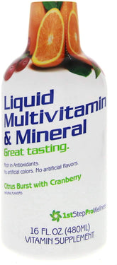 Botella de 1st Step Energy, multivitamínico líquido citrus, para uso diario.