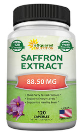 aSquared Nutrition azafrán cápsulas, caja, energía estable y enfoque suave.
