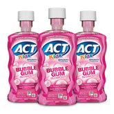 ACT Kids enjuague bucal fluoruro sabor chicle burbuja, pack de 3 botellas para uso diario.