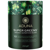 Aduna Super Greens empaque y botella para almacenamiento práctico.
