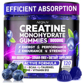 AEQNJV Creatine Gummies monohidratada, frente del envase, potencia energía para entrenamientos.