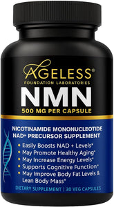 Ageless NMN 500 mg cápsulas en botella para uso diario y vitalidad sostenida.