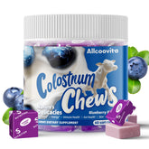 Allcoovita Colostrum Chews tarro, sabor arándano, posible apoyo general diario.