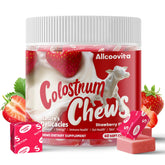 Allcoovita Colostrum Chews frambuesa en empaque, apoyo al bienestar diario.