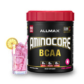 ALLMAX AminoCORE en bote limón rosado, listo para entrenar