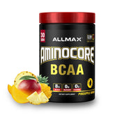 ALLMAX AminoCore, frontal de botella, promesa de recuperación muscular y energía