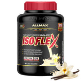 ALLMAX Isoflex Vanilla frente del envase, proteína de alta pureza para recuperación muscular.