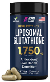 Alpha Flow glutatión liposomal en botella para detox suave y antioxidante.