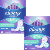 Always Radiant protectores diarios, regular sin perfume, vista frontal para protección diaria discreta.