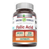 Amazing Formulas ácido fólico 400 mcg, tabletas para uso diario y apoyo nutricional.