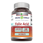 Amazing Nutrition ácido fólico 1000 mcg, tableta frontal para uso diario.