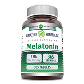 Amazing Nutrition Melatonina 5 mg, frente de botella, favorece un descanso cómodo.