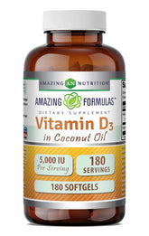 Amazing Nutrition Vitamina D3 con aceite de coco, posible mejora en la absorción al consumir con la comida.