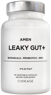 Amen Leaky Gut: cápsulas en la mano para apoyar la salud intestinal diaria.