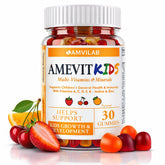 AMVILAB Amevit Kids Gummy frente al envase, apoyo diario para niños.