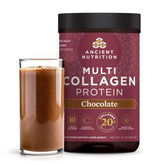 Ancient Nutrition colageno multi-proteina chocolate en tubo para uso diario.