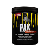 Animal Pak polvo naranja en vaso para entrenamientos intensos.