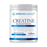 Approved Science Creatina Monohidrato en bote para rendimiento y recuperación muscular.