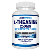 Arazo Nutrition L-teanina 250mg botella: enfoque suave para la concentración diaria sin somnolencia.