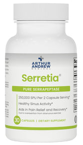 Serretia de Arthur Andrew Medical, botella en primer plano, apoyo para recuperación muscular.