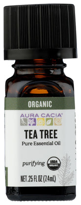Aura Cacia Tea Tree, aceite esencial en botella con gotero para limpieza del hogar.