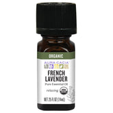 Aura Cacia Lavanda Francesa Orgánico, frasco; uso calmante y aromaterapia en el dormitorio.