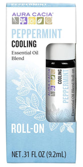 Aura Cacia Roll-On Menta, botella compacta para frescura en cualquier momento.
