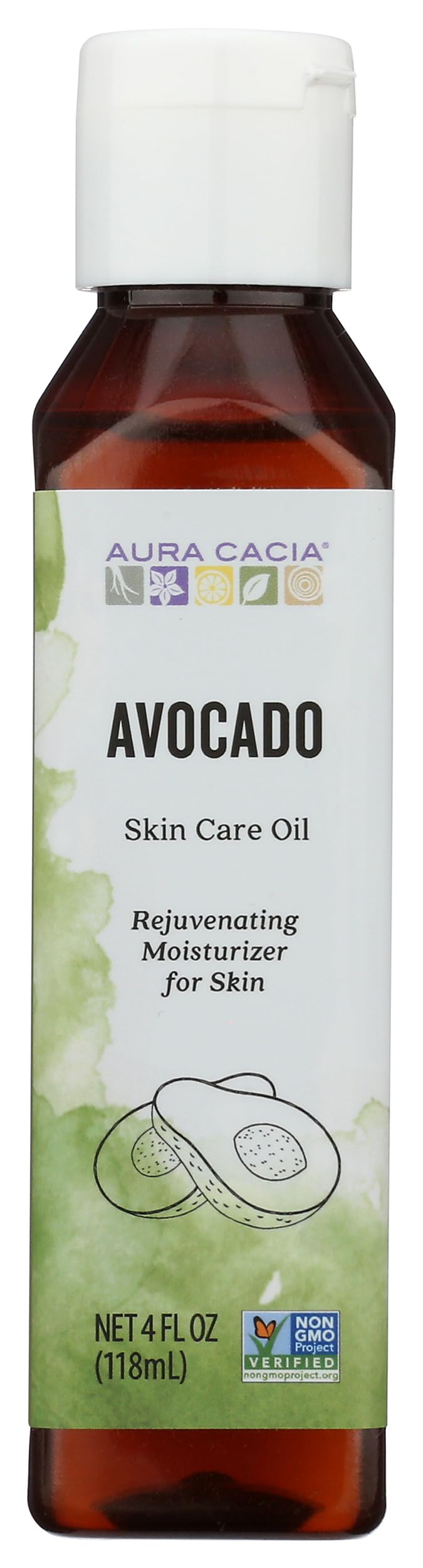Aura Cacia aceite de aguacate para la piel, frasco frontal, cuidado diario suave