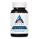 Ayush Herbs High Omega 3: botella de cápsulas suaves lista para tomar diariamente.