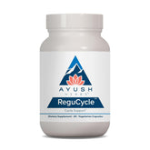 Ayush Herbs Regu-Cycle botella con cápsulas para equilibrio hormonal.