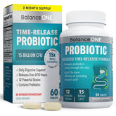 Balance ONE: bote de probióticos con liberación temporal para salud intestinal diaria.