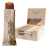 Barra Barebells proteina vegana Caramel Choco Chip en empaque, snack práctico para llevar.