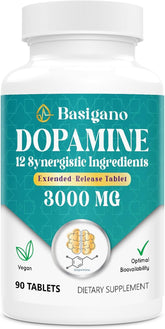 Basigano Dopamina: botella de 90 tabletas para apoyo natural del ánimo diario