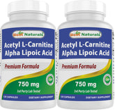 Best Naturals acetil L-carnitina alfa-lipoico 750 mg, botella frontal, podría apoyar energía diaria.