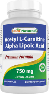 Best Naturals Acetil L-Carnitina y Alfa Lipoico, botella de cápsulas para energía diaria.