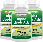 Best Naturals ácido alfa lipoico 200 mg en botella, fácil dosis diaria.