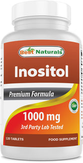 Best Naturals Inositol 1000mg, vista frontal de la botella, fácil de incorporar a tu rutina.
