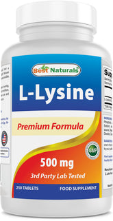 Best Naturals Lisina 500 mg, botella con tabletas, formato diario sin gluten.