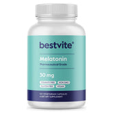 BESTVITE Melatonina 30 mg, botella y tapa que facilita relajación nocturna y descanso reparador