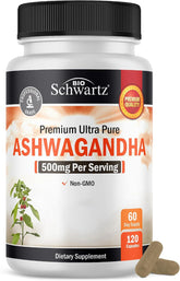 BioSchwartz Ashwaganda cápsulas 500 mg, frasco para enfoque diario y calma.
