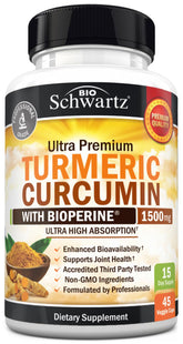 BioSchwartz Curcuma en botella muestra potencia 1500 mg para apoyo diario.