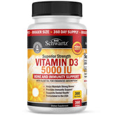 BioSchwartz Vitamina D3 5000 UI, botella de cápsulas, soporte inmunitario diario.