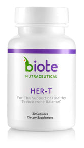 Biote HER-T cápsulas en botella, posible apoyo al equilibrio hormonal femenino.