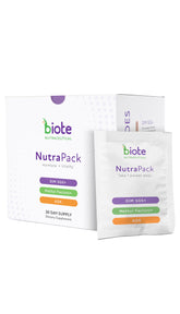 Biote NutraPack daily packets showcased for a convenient 30-day routine.