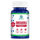 BioTrust OmegaKrill, botella de cápsulas, posible apoyo a articulaciones y corazón.