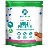 BioTrust proteína baja-carb botella con sabor fresa y plátano ideal para batidos