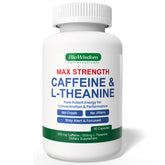 BioWisdom Fuerza Máxima: botella de cafeína y L-teanina para energía sostenida sin nervios.