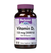 BlueBonnet Vitamin D3 5000 UI: cápsulas blandas en frasco, apoyo para huesos sanos.