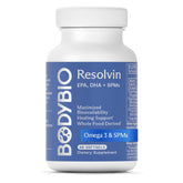 BodyBio Resolvin: botella visible, enfoque en un suplemento para apoyo de balance inflamatorio.