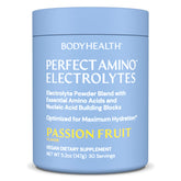 BodyHealth PerfectAmino Electrolytes, bote frontal, hidratación duradera para entrenamientos.